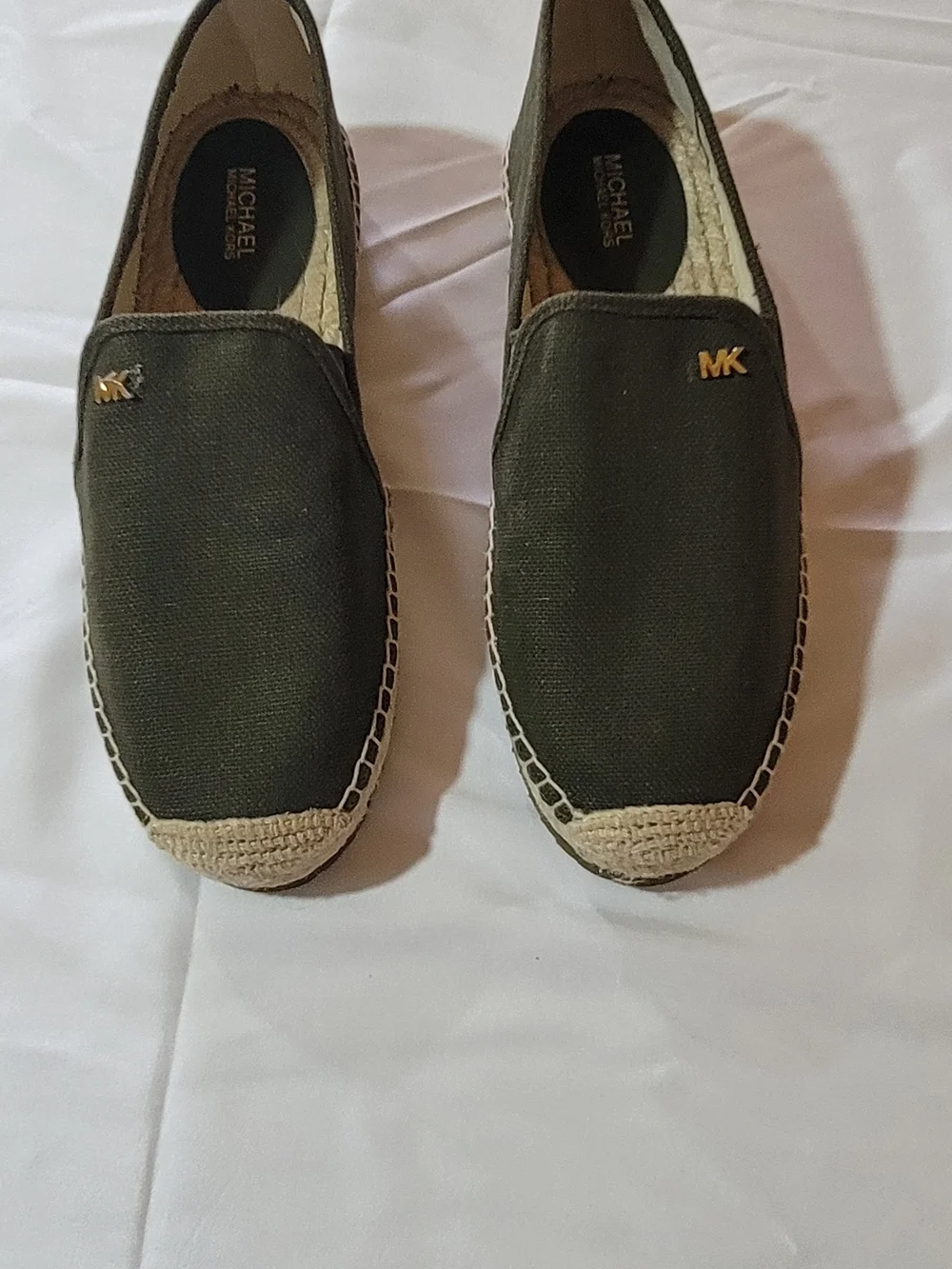 Michael Kors Olive Green Canvas Slip-On Espadrilles with Gold MK Logo - Picture 1 of 6
